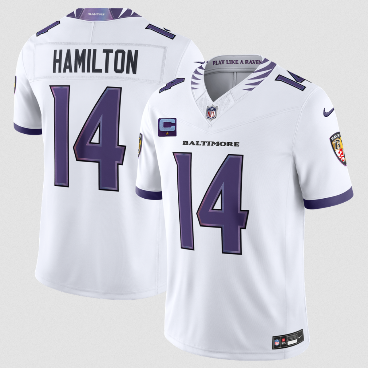 Men's White Baltimore Ravens #14 Kyle Hamilton 2026 With 1-Star C Patch F.U.S.E. Vapor Stitched Limited Football Jersey